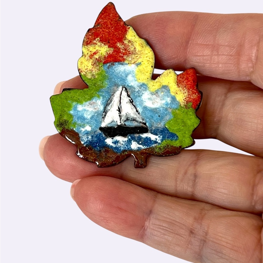 Vintage painted copper Brooch Leaf-Shaped Sailing , signed